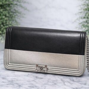 Chanel Black/Silver Leather Compact Boy Wallet with Card